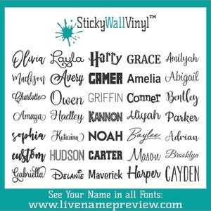 May include: A teal and white graphic featuring a variety of names in different fonts. The names include Olivia, Harry, and Noah. The text "StickyWallVinyl" is at the top. The website address www.livenamepreview.com is at the bottom.