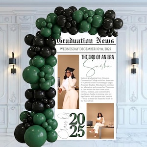 May include: A graduation announcement featuring a photo of Sasha, a graduate of Houston Community College. The announcement includes a balloon arch in black and green, the text "Graduation News," and the date "Wednesday December 10th, 2025."