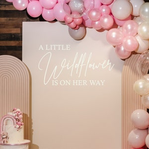 K&ouml;nnte beinhalten: Ein rosa-wei&szlig;er Ballonbogen mit einem Schild, auf dem "A little wildflower is on her way" steht. Es gibt eine Torte mit rosa-wei&szlig;em Frosting und einem Regenbogen auf der unteren Etage.