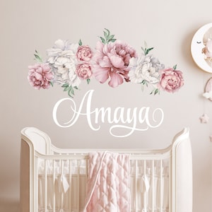 Peony Flowers Wall Sticker with Name - Personalized Peony Wall Decal - Girls Personalized Name Peony Wall Sticker - Watercolor Peonies