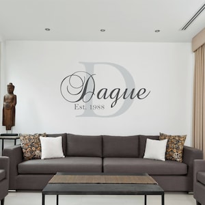 The Family Name with Large Monogram Letter in Swirls Art Wall Decal Stickers
