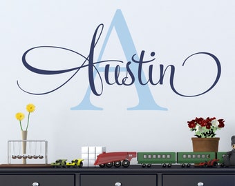 Name Wall Decal Teen Boys Room Decor Baby Boy Nursery Name Decal Personalized Baby Name Decal for Wall Vinyl Lettering Initial Monogram