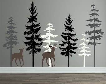 Animal Forest Wall Decal Hunting Wall Decal Kids Deer Wall Decal Sticker Bear Hunting Nursery Hunting Decor Farmhouse Nursery Pine Trees