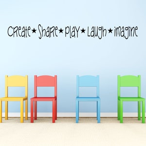Calcomanía de pared para sala de juegos infantil - Crea, comparte, juega, ríe e imagina - Calcomanía de pared para aula - Calcomanía para niños - Calcomanía de pared para guardería
