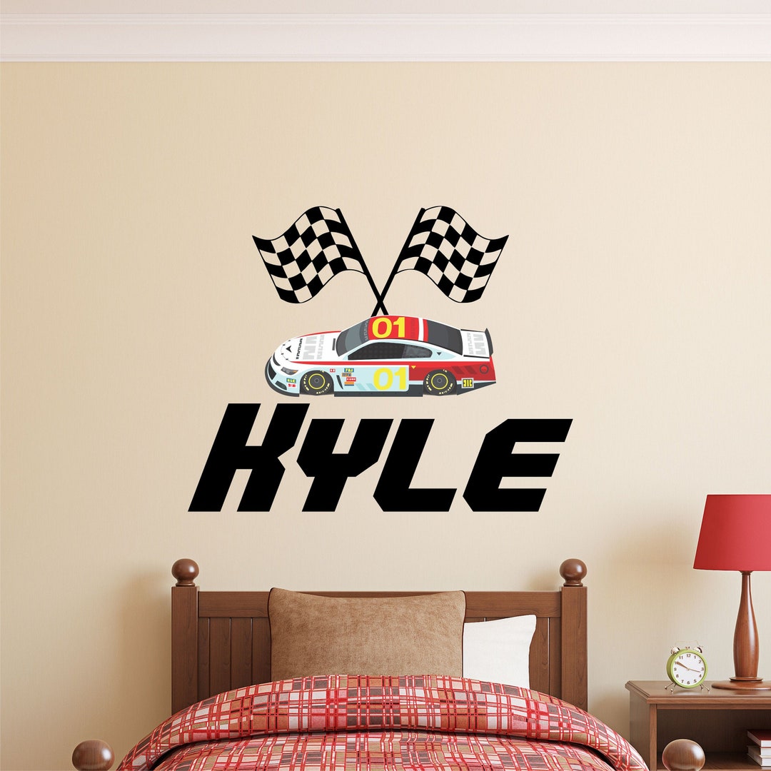 Personalized Name Wall Decal With Race Car - Checkered Flag Custom Name ...