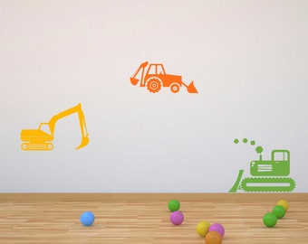 Construction Vehicles Boys Wall Decal Sticker - Tractor Wall Decal - Bulldozer Wall Decal - Digger Truck Wall Decals - Excavator Stickers