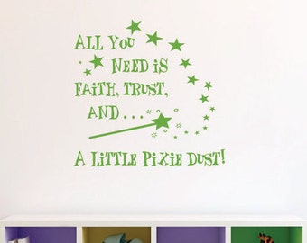 Faith Trust and Pixie Dust Girls Wall Decal Sticker - Fairy Quote - Tinkerbell Quote - All you need is Faith - Nursery Wall Decal - Princess