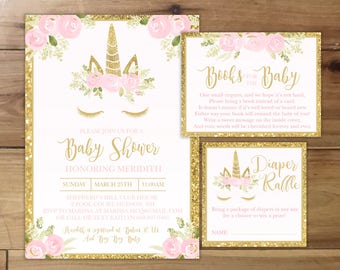 Unicorn Baby Girl Shower Invitation with "Books for Baby" and "Diaper Raffle" Cards- Custom Digital File - Pink & Gold Glitter and Roses
