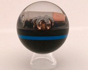 Thin Blue Line Bullet Sphere - Multiple Bullet Options - Clear Acrylic Stand Included