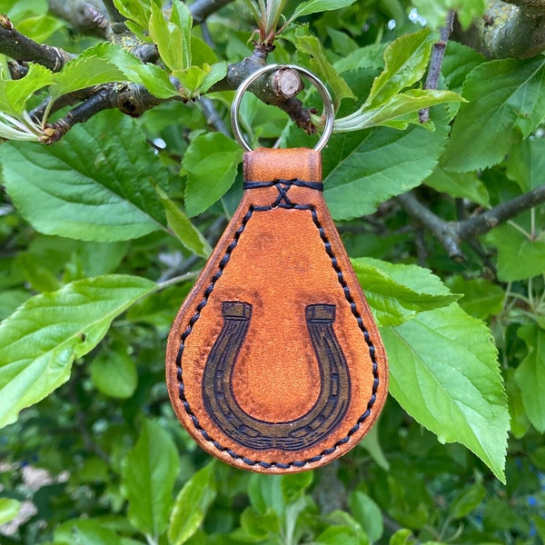 Horseshoe Key Fob Leather Key Ring Keys Chain Hand Made Hand Stitched Holder Gift Present Accessories Equestrian Country Equine Lucky Charm