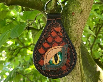 Dragon Eye Key Fob Leather Key Ring Keys Chain Hand Made Hand Stitched Mystical Gift Present Accessories Fantasy Sci Fi Dragonology Scales