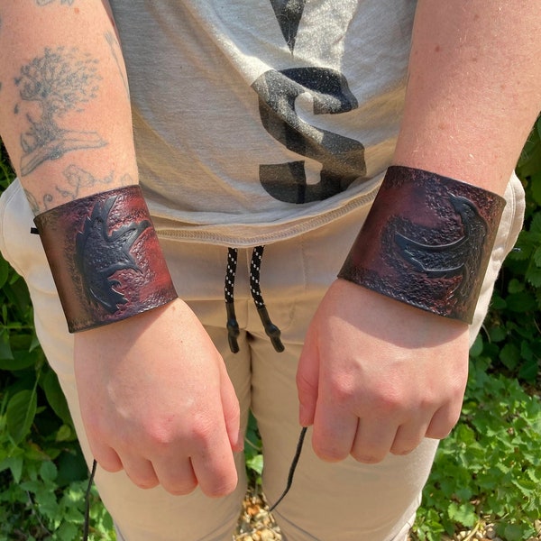 Odin's Ravens Bracers Huginn and Muninn Matching Pair Leather Hand Made Lace up Arm Cuff Wrist Bracelet Armour Viking Nordic Vikings Norse