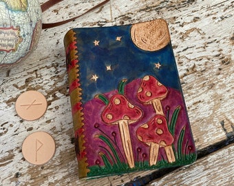 Mystical Toadstools Leather Journal A6 Notes 144 pages Hand made Writing Book Blank Small Bound Notebook Pagan Magic Witch Neopagan Moon