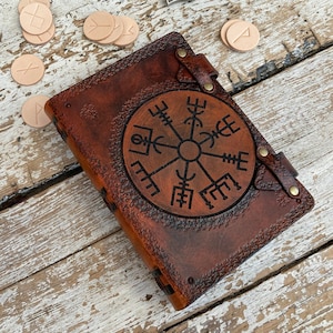 Viking Compass Leather Journal A5 Notes Hand made Writing Book Blank 144 Pages Travel Notebook Vegvísir Nordic Norse Celtic Runes Vikings