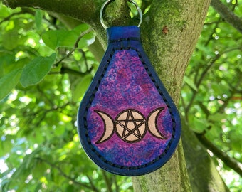 Wiccan Moons Key Fob Leather Key Ring Keys Chain Hand Made Hand Stitched Holder Gift Present Triple Goddess Pentacle Magic Occult Neopagan