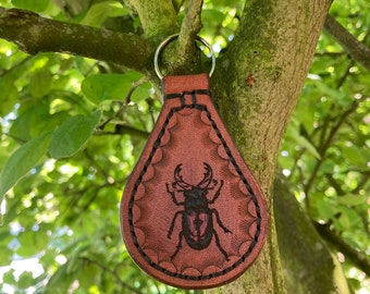 Stag Beetle Key Fob Leather Key Ring Keys Chain Hand Made Hand Stitched Holder Gift Present Accessories Insects Nature Beetles