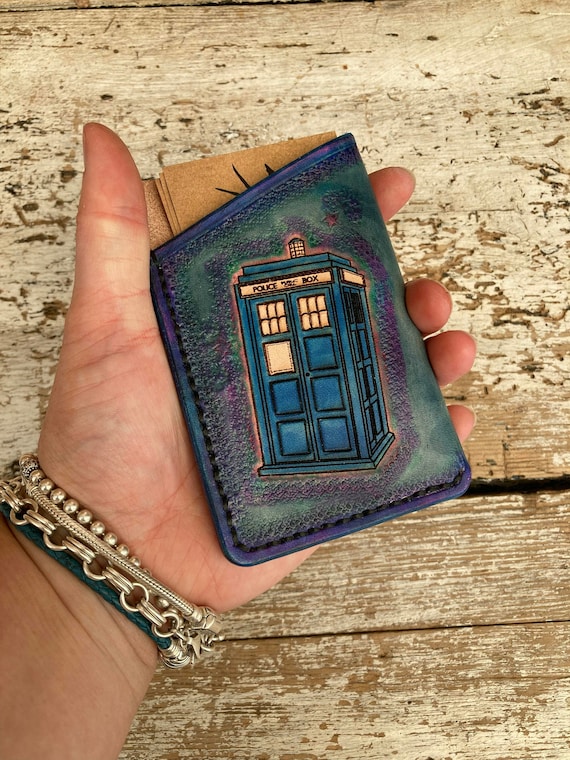 Funda para tarjeta Tardis Funda de cuero Funda para billetera de transporte  mínima Hecha a mano EDC Mini Tarjetas de visita de crédito para llevar Dr  Who Blue Space Galaxy 