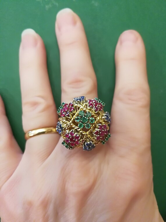 18K Gold Heavy Emerald, Sapphire, Ruby Ring - image 3