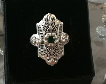 14K White Gold Emerald Filligree Ring