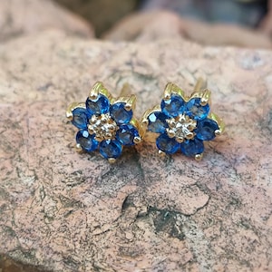 14K Yellow Gold Blue Sapphire & diamond Earrings