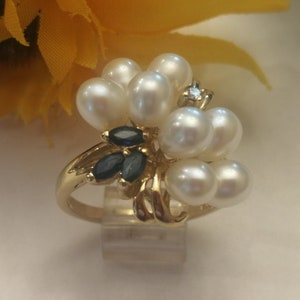 14K Sapphire, Pearl, Diamond Ring