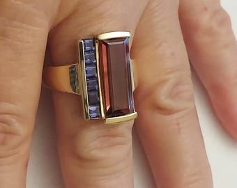 14K Heavy Pink Tourmaline and Iolite Ring