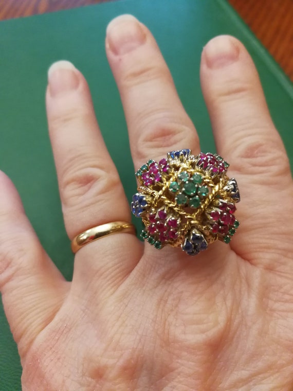 18K Gold Heavy Emerald, Sapphire, Ruby Ring - image 6