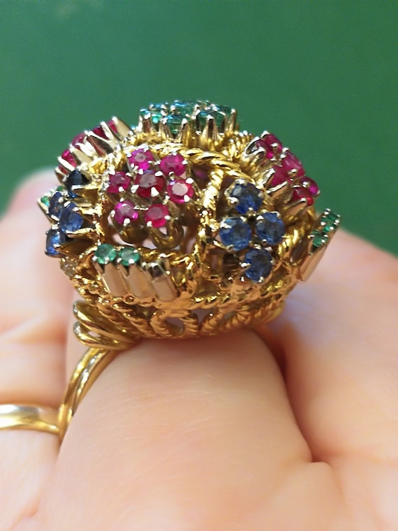 18K Gold Heavy Emerald, Sapphire, Ruby Ring - image 1