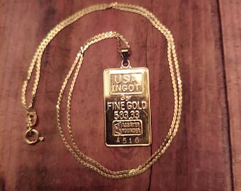 14K Replica Gold Bullion Ingot Pendant with 14K Chain