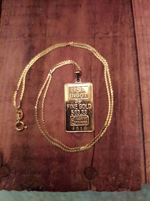 14K Replica Gold Bullion Ingot Pendant with 14K Chain