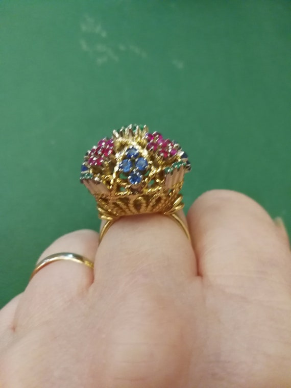 18K Gold Heavy Emerald, Sapphire, Ruby Ring - image 4