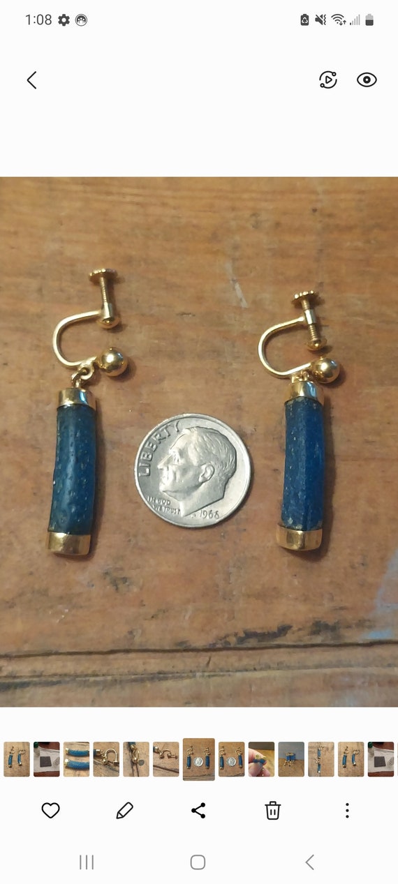 18K yellow gold handmade blue stone Dangly Earring