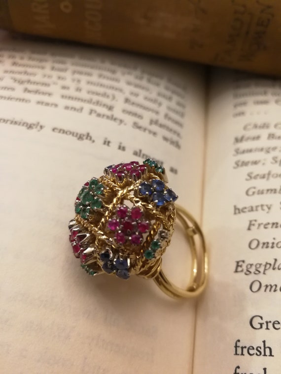 18K Gold Heavy Emerald, Sapphire, Ruby Ring - image 10