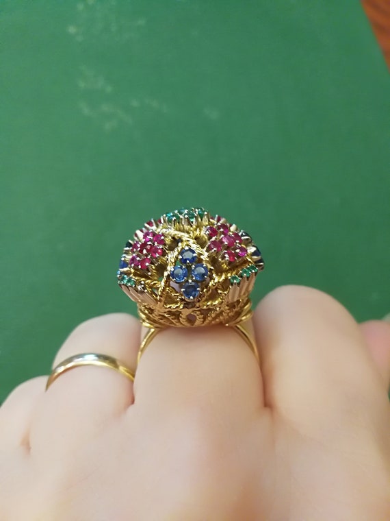 18K Gold Heavy Emerald, Sapphire, Ruby Ring - image 2