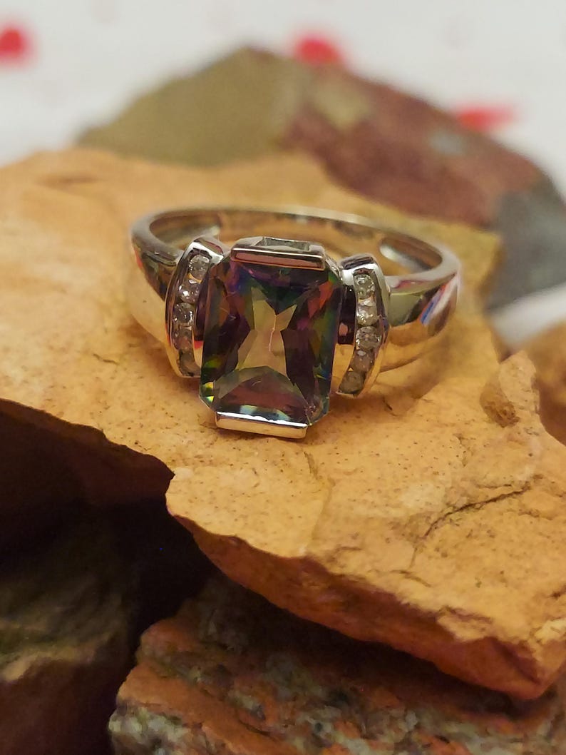 14K White Gold Ladies Synthetic Alexandrite and Diamond Ring image 2