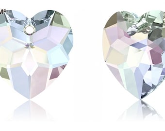 May include: Two iridescent crystal heart pendants with a hole at the top for hanging. The hearts are faceted and have a light blue, pink, and white color.