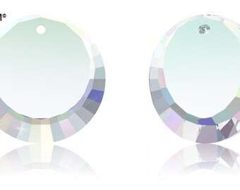 May include: Two clear crystal round pendants with a hole at the top for hanging. The pendants have a faceted design and a rainbow iridescent sheen.