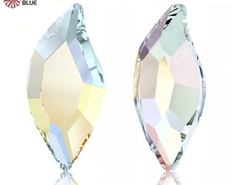 May include: Two iridescent crystal teardrop shapes with a multi-faceted design. The crystals are a light blue and pink color.