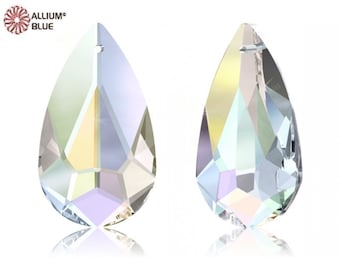 May include: Two iridescent teardrop-shaped crystal pendants with a hole at the top for hanging.
