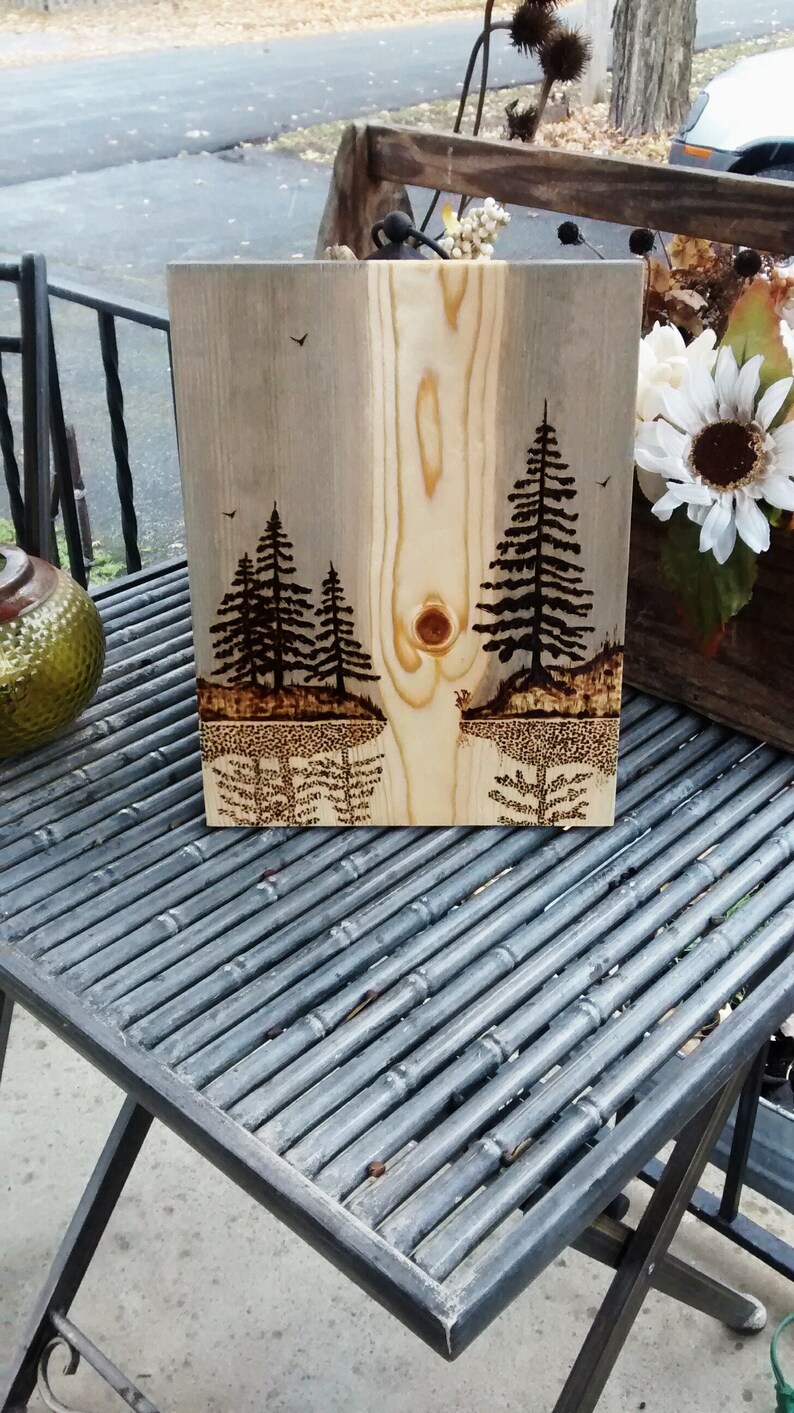 Pyrography Wood burning art Mountain abstact Pine scene Etsy