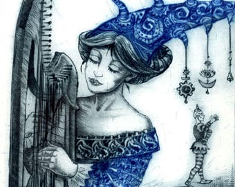 Dream Games, dry point, intaglio print, engraving, gift, wall art, harp, music, original art