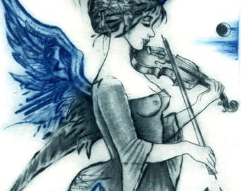 Muse I, intaglio print, original print, dry point, handprinted, original art, fantasy art, angel, music, wings