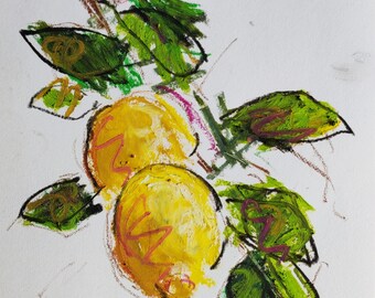 Lemon Tree Oil Pastel Drawing | Original Kitchen Décor