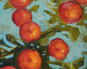 May include: A painting of red oranges on a blue and green background. The oranges are painted in a loose, impressionistic style with visible brushstrokes.