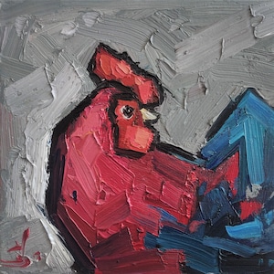 Pink Rooster Oil Painting |  Whimsical Impressionist Art