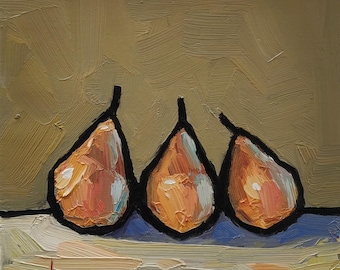 May include: An oil painting depicts three pears with black outlines. The pears are orange and peach with white and blue highlights. They sit on a white and blue surface against a tan background. The artwork has visible brushstrokes.