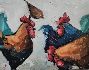 Roosters Oil Painting | Impressionist Farm Décor