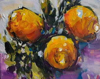 May include: A still life painting of three orange fruits with green leaves on a purple background.