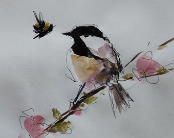 Chickadee Watercolour Painting | Impressionist Bee Wall Décor