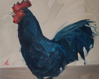 Black Rooster Oil Painting | Farm Wall Decor